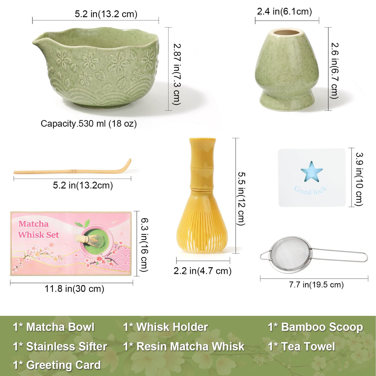 6pcs Matcha Whisk Set Includes Resin Matcha Whisk,Ceramic Matcha Bowl Set and Sifter,Matcha Whisks Holder,Natural Bamboo Spoon and Tea Towel for Matcha Starter Kit Lovers (Mottled Green)