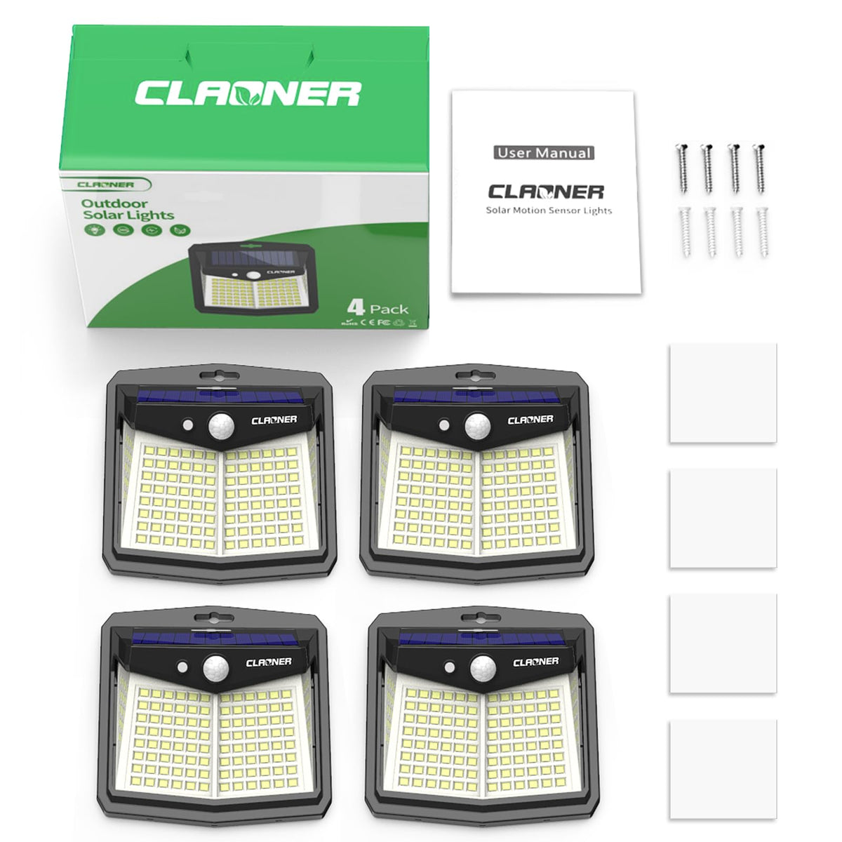 CLAONER Solar Lights Outdoor, [128 LED/4 Packs] Solar Motion Sensor Lights 3 Working Modes Outdoor Lights with 270° Wide Angle Wireless IP65 Waterproof Security Light for Fence Patio, Cold White