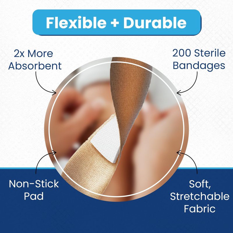 Berkley Jensen Flex-Fabric Bandages 3/4" x 3", 200 Counts (Pack of 1) - Stretchable & Durable with Non-Stick Pads - For Minor Cuts, Scrapes & Burns - Adhesive Flexible Fabric Bandages for Everyday Use