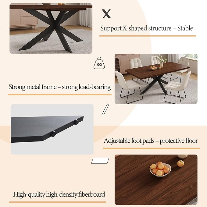 ZckyCine Expandable Dining Table Set for 6-8 People, Modern Rectangular Kitchen Table, 63"-79" Extendable, Walnut Finish, Metal Frame, 6 PU Leather Cushioned Chairs, Easy Assembly