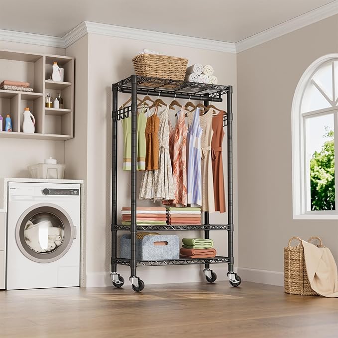 Heavy Duty Clothes Rack Rolling Garment Rack,3 Tier Adjustable Wire Shelving Clothing Racks for Hanging Clothes with Hanger Rod&Side Hooks,Freestanding Wardrobe Storage Rack Metal Portable Closet