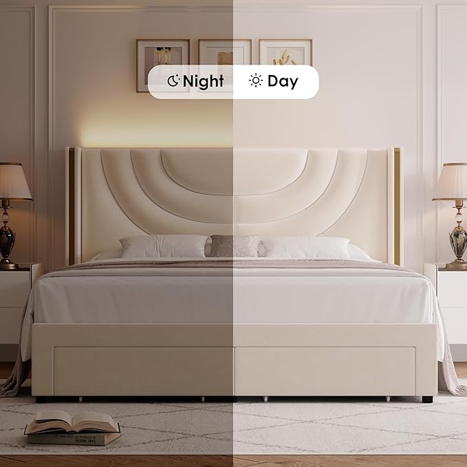 HITHOS King Upholstered LED Bed Frame with 2 Storage Drawers, Velvet Platform Bed with Wingback Headboard, Solid Wooden Slats Support, No Box Spring Needed, Headboard Splicing Design, Beige