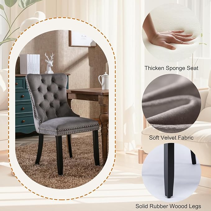 7-Piece Faux Marble Round Dining Table Set for 6, Modern Luxury Kitchen Table Set for 6 with Grey Tufted Chairs,Circle Dining Tables with Pandora Grain Top and Black Pedestal Base