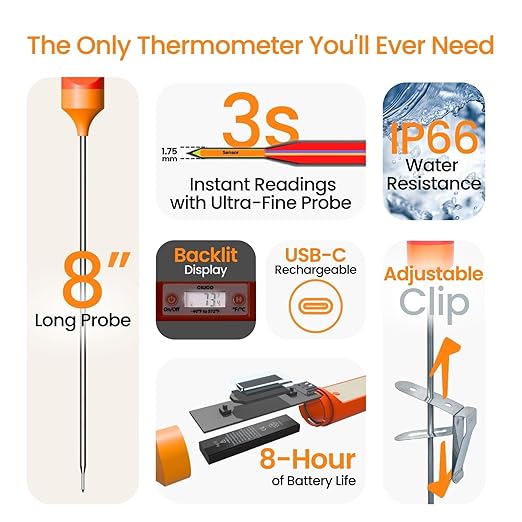 CILICO Candy & Meat Thermometer with Type-C Rechargeable Digital Instant Reading for Candy Making, BBQ, Deep Frying, & Liquids, 8" Long Probe,CT180-L