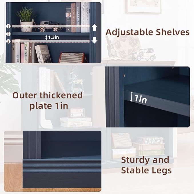 43" Blue Tall Bookshelf Set of 2,3-Tier Thick Wooden Book Shelf with Adjustable Shelves,Free Standing Farmhouse Bookcase with Open Display Storage,Floor Vintage Bookshelves for Living Room