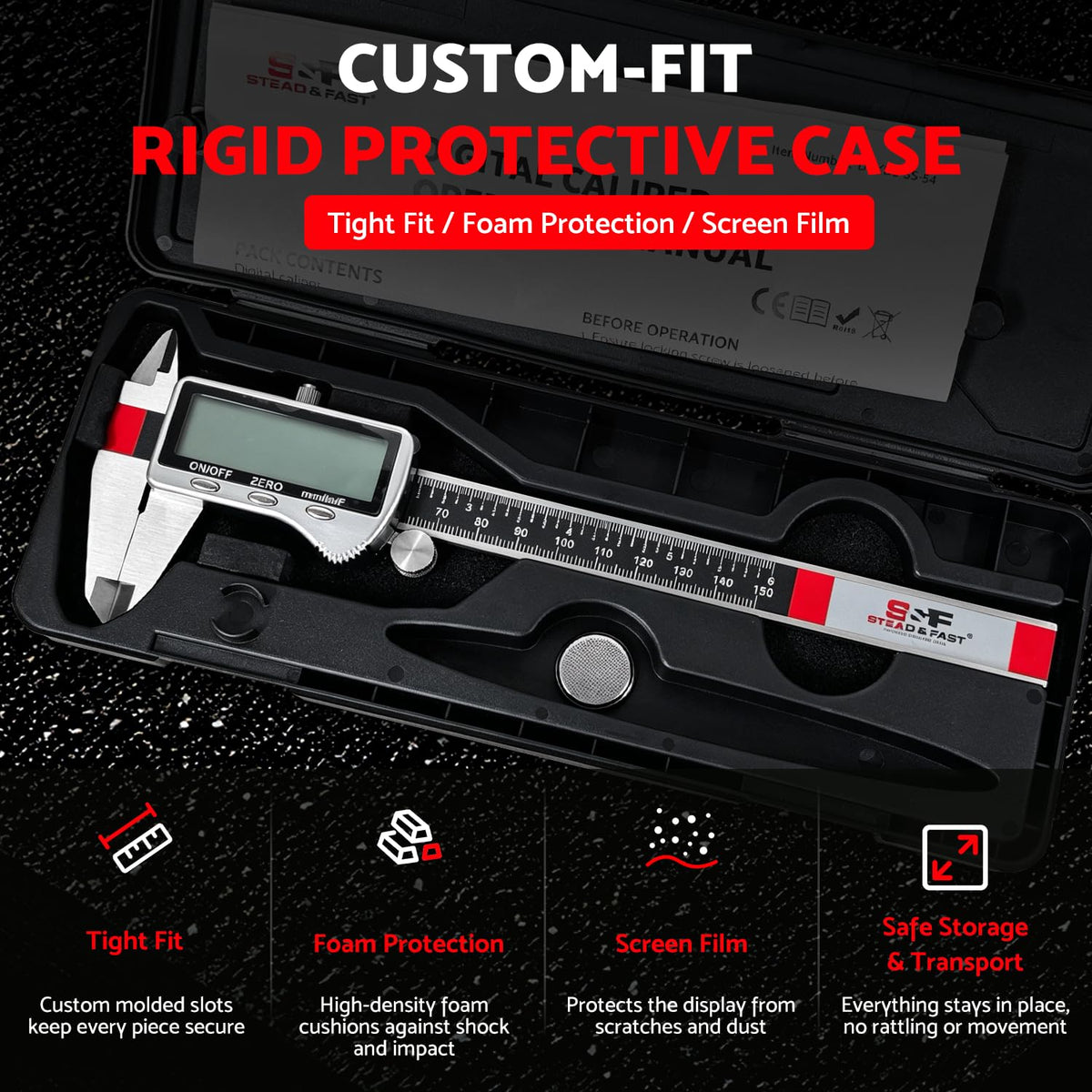S&F STEAD & FAST Digital Caliper Measuring Tool 6 inch with Extra Large LCD Screen, Stainless Steel Micrometer Caliper Digital IP54, Measures Inch Mm Fraction for Workshop, 3D Printing