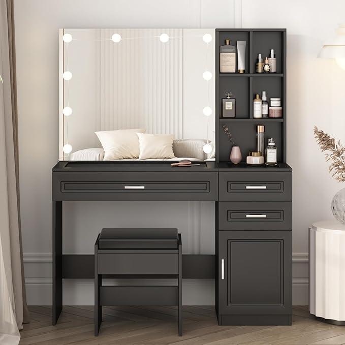 Vabches Vanity Desk with Lights and Mirror,Black Makeup Desk with 3 Drawers & Storage Cabinet & Shelves,Glass Top Vanity Table Set with 3 Lighting Modes Adjustable Brightness