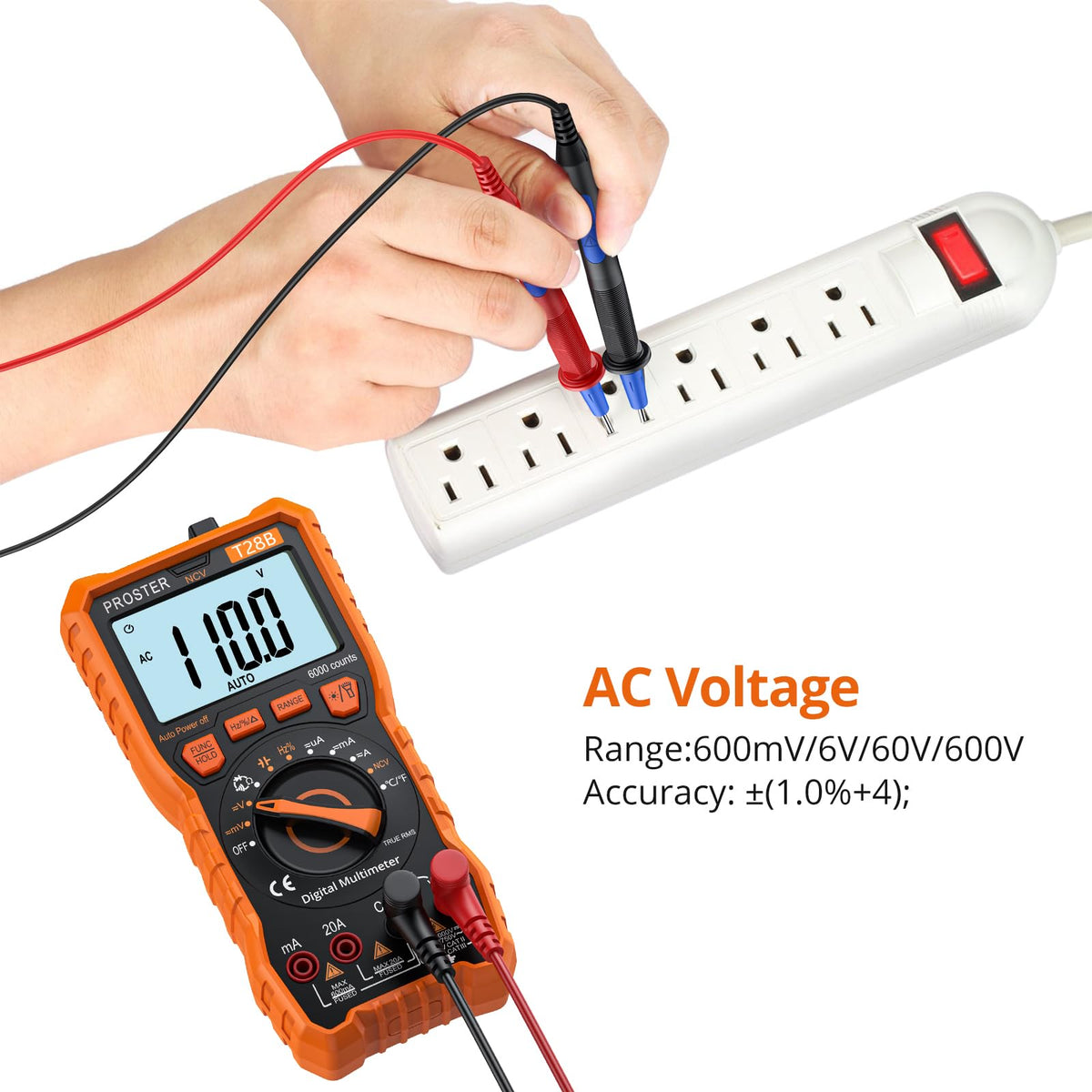 Proster Digital Multimeter - TRMS Voltmeter Multimetro Auto Range Multi Testers, 20A DC AC Current Meter NCV Detector Magnetic Hanging Hands-Free Design with Temperature Probe Backlit LCD Flashlight