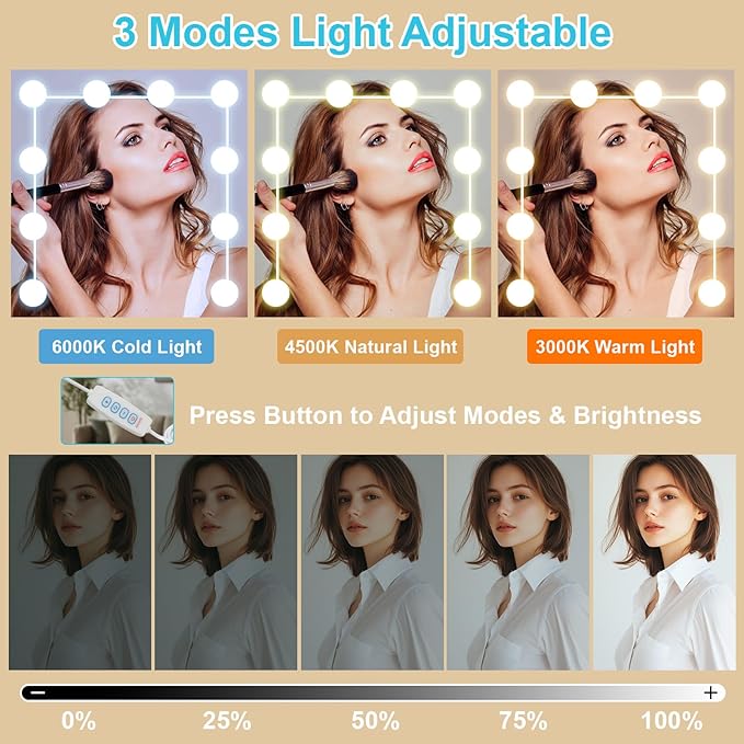 Small Vanity with Mirror and Lights,Vanity Table with 6 Drawers 6 Storage Shelves & 10 LED Bulbs Slide Mirror for Bedroom,White,31.5" L*14.2" W*51.2" H