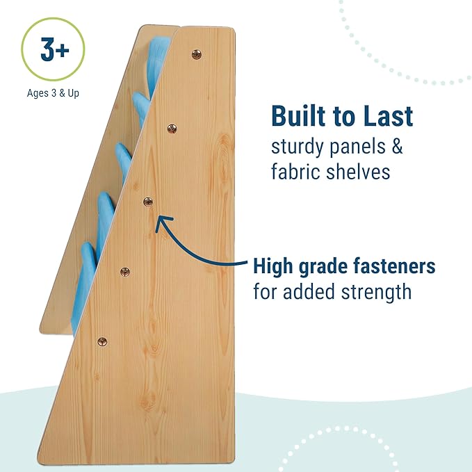 Wildkin Wooden Sling Bookshelf for Kids – Premium Canvas Design with 4 Fabric Shelves, Organizer for Home or Classroom - Natural w/Sky Blue