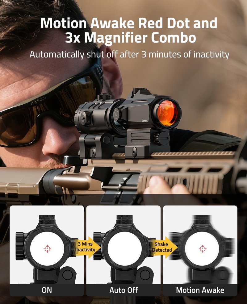 CVLIFE Multi Reticle Auto-Brightness Red Dot and 3X Magnifier Combo,25MM Large Lens Motion Awake Red Dot Sight with Quick Release Mount, Compact Magnifier with Flip-to-Side Mount (red dot)