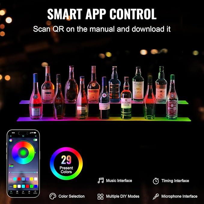 VEVOR LED Lighted Liquor Bottle Display, 2 Tiers 48 Inch Commercial Illuminated Home Bar Shelf, 2 Steps Whiskey Rack Stand, Acrylic Drink Shelves with RF Remote & App Control, and Multicolor Light