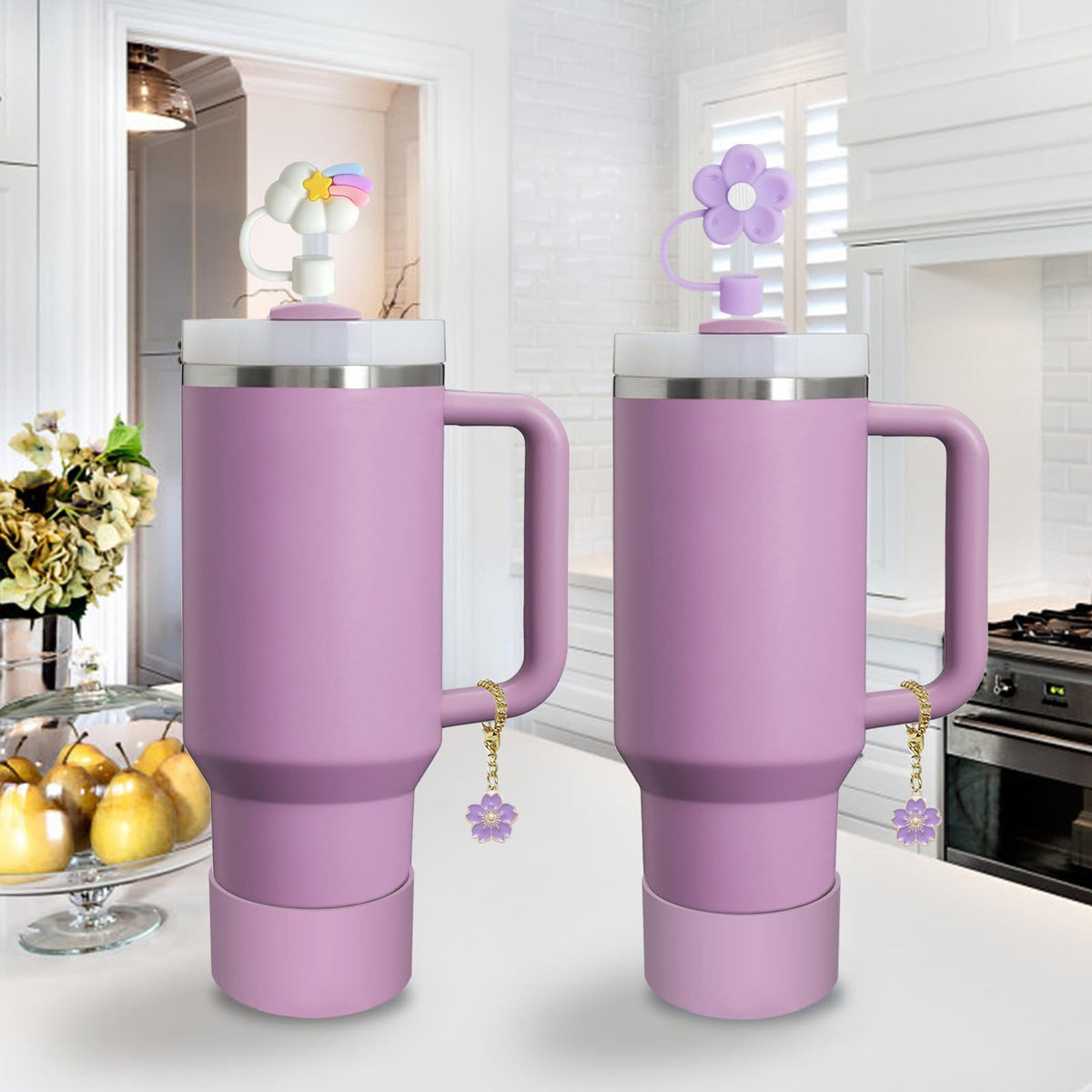 Stanley Cup Accessories Set,Including 2 Pcs 0.4in Straw Cover, 1 Silicone Spill-Proof Stopper Set of 3, 1 Cute Purple Flower Handle Charm, 1 Silicone Boot Fits Stanley 40&30 Oz Tumbler (Lilac)