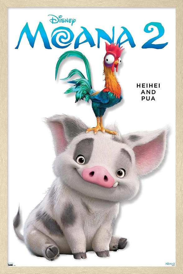 Disney Moana 2 - Heihei and Pua Feature Series Wall Poster, 22.4L" x 14.7W", Blonde Framed Version