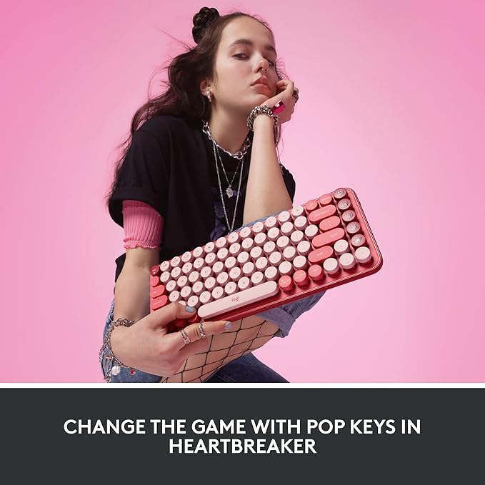 Logitech POP Keys Mechanical Wireless Keyboard with Customizable Emoji Keys, Durable Compact Design, Bluetooth or USB Connectivity, Multi-Device, OS Compatible - Heartbreaker Rose