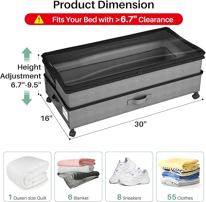 Kitstorack Under Bed Storage with Wheels 2Pack Height-adjustable Under Bed Storage Containers,Under Bed Shoe Storage Organizer with Clear Window&Label, Suitable for Clothes Storage, Gray