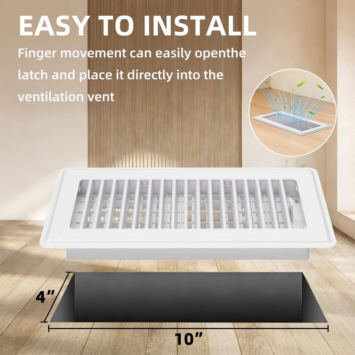 Floor Register 4x10, 4 Pack Floor Vent Covers for Home Floor Heavy Duty Steel Panel Walkable Floor Grates Adjustable Air Vent Covers 4" x 10" Floor Vent, White