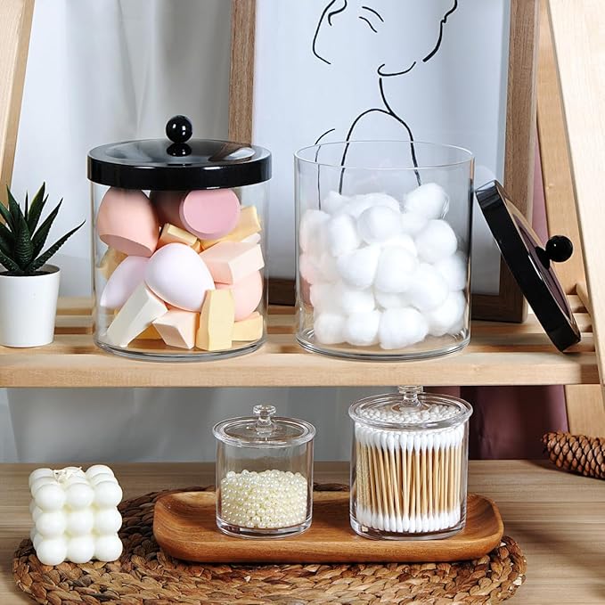 2 Pack 50 Oz Large Plastic Apothecary Jar with Black Stainless Steel Lid - Shatterproof Laundry Pods Container - Modern Industrial Bathroom & Kitchen Storage Organizer for Scent Beads, Bath Bombs