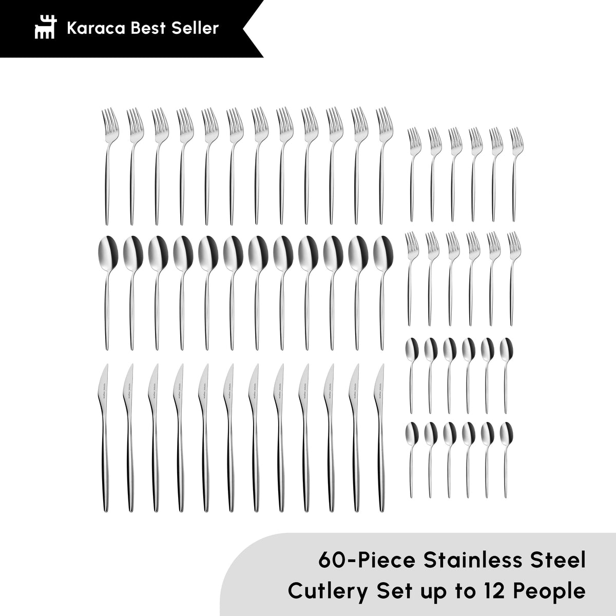 Karaca Lizbon - 18/10 Stainless Steel Silverware Set for 12, 60 Piece Heavy Duty Flatware Set, Dishwasher Safe Modern Cutlery incl. Kitchen Forks, Spoons, Knives Eating Utensils Sets - Platin
