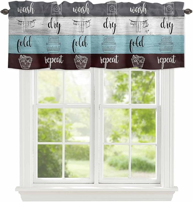 Laundry Rules Valances for Windows, Retro Blue White Wood Board Grain Kitchen