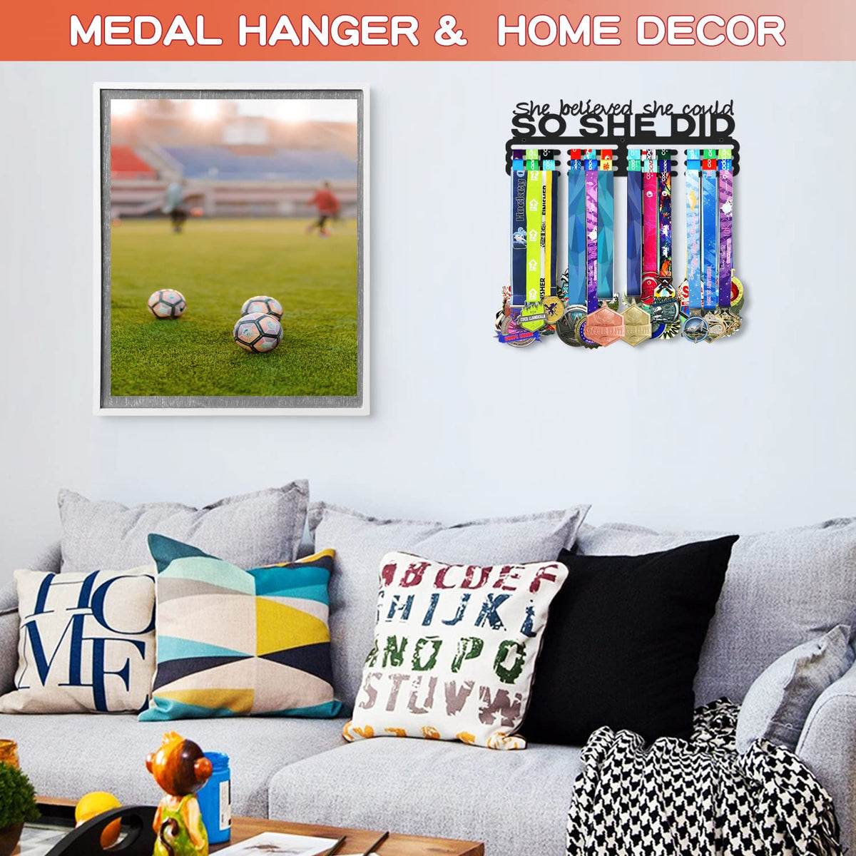 Bliocefo Medals Hanger Display Holder Rack 13.8 inches She Believed She Could Wall Mount Steel Frame Over 60 Medals-Sports Medal Hangers Racks Bib Ribbon with Easy Hanging Bars Black 3 Lines