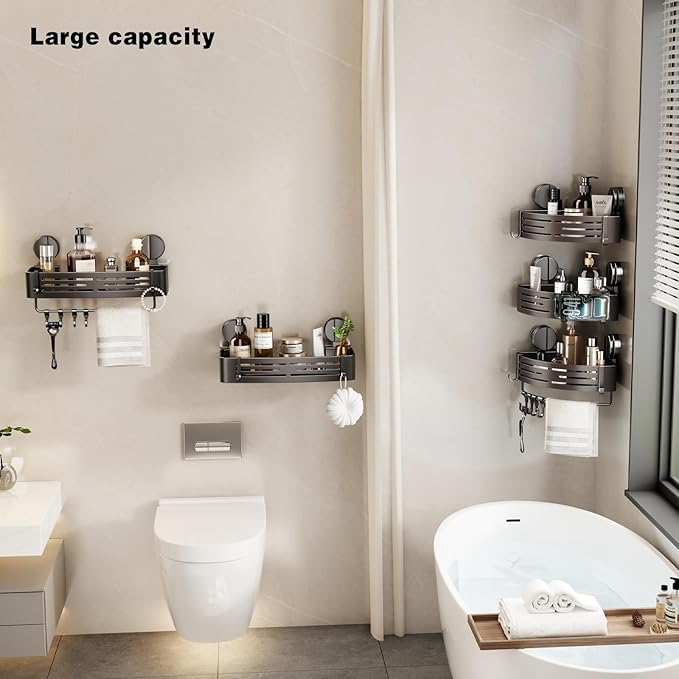 VOLPONE Shower Caddy Suction Cup No Drilling Suction Cup Shower Shelf Heavy Duty Bathroom Shower Organizer Storage Rack Adhesive with Towel Bar Hooks (3-Pack, Matte Gray)