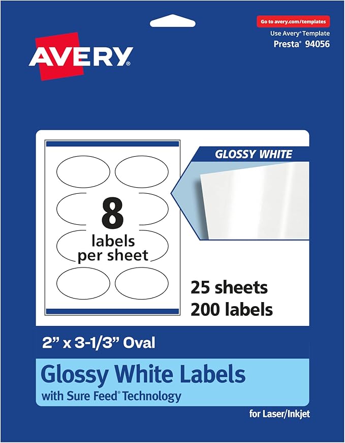 Avery Glossy White Oval Labels, Sure Feed Technology, 2" x 3-1/3", 200 Glossy White Labels, Print-to-The-Edge, Permanent Adhesive, Laser/Inkjet Printable