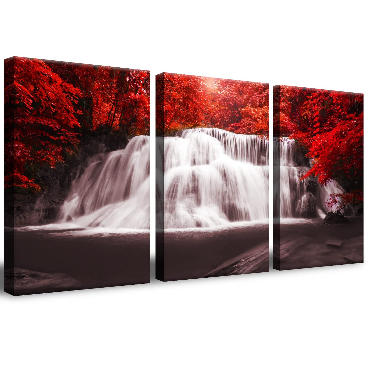 CERLMLAND Waterfall - Wall Art Painting Black White Red Landscape Canvas Wall Art 3 Pieces,Red Trees Forest Picture Prints for Home-office - canvas art wall art for living room 12x16inchx3pcs