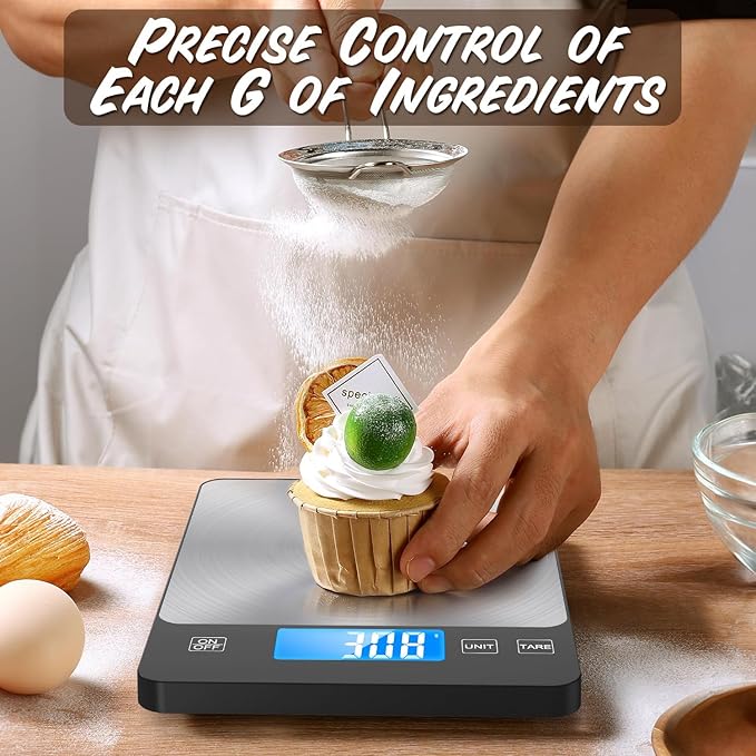 33lb Food Scale, NASA-Grade Digital Kitchen Scale, Precisely Measures Grams and Ounces for Baking and Cooking, Waterproof Tempered Glass & Stainless Steel Platform