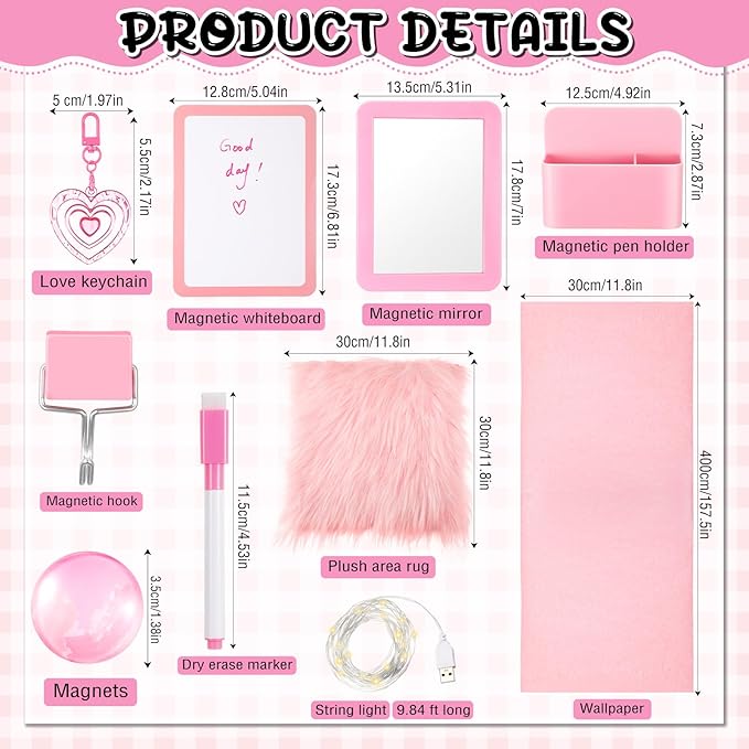 12 Pcs Locker Accessories Kit Magnetic Mirror Whiteboard Pen Holder Magnet Hook Locker Wallpaper Rug Keychain Marker String Light for Back to School Essentials Decorations(Pink)