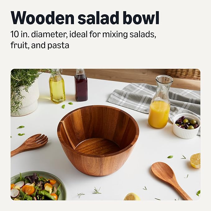 Amazon Basics Wooden Salad Bowl, Acacia Wood, 10 in.