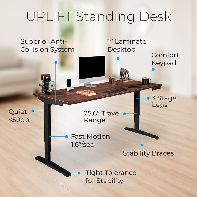 UPLIFTDESK V2 2-Leg Black Laminate Wood Standing Desk – Adjustable Height, Advanced 1-Touch Memory Keypad, Under Desk Cable Management, Wire Grommets & Rocker Board (Black C-Frame, 48 x 30 inch)