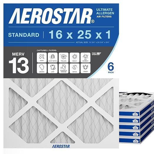 Aerostar 16x25x1 MERV 13 Air Filter, ACTUAL SIZE, Air Conditioning & Furnace