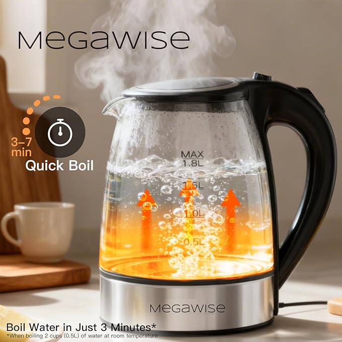 MEGAWISE 1.8L Electric Glass Kettle with Auto Shut-Off and Blue LED