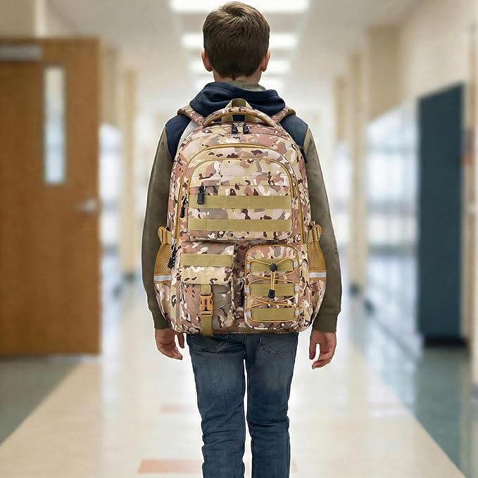 Kids Backpack for Boys - Camo Boys Backpacks for Kids Teens Elementary Middle School, 18″ Camouflag Students Bookbag with Usb Charging Port & Key-chain, Perfect for Travel and School