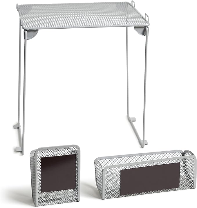 U Brands Mesh Locker Organization Kit, Includes Magnetic Cup, Folding Shelf and Bin, 3 Pieces (Grey)