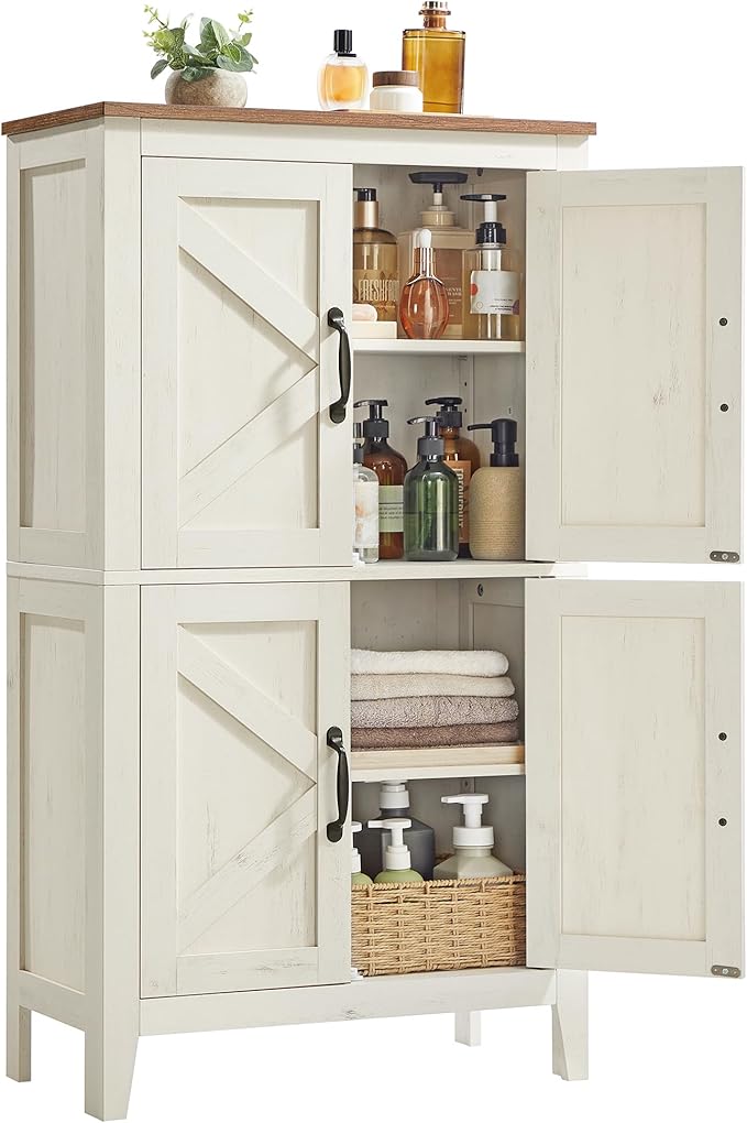 VASAGLE LIRY Collection - Farmhouse Storage Cabinet, Bathroom Floor Cabinet with Barn Doors, Freestanding Kitchen Pantry, Adjustable Shelves, for Dining Room, Living Room, Rustic White, UBBK773W01