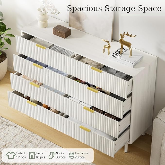 LYNSOM Fluted 8 Drawer Dresser for Bedroom, 55" Wide Modern Chest of Drawers with Curved Profile Design and Metal Handles, Wood Dresser TV Stand & Storage Organizer for Bedroom, Hallway, White