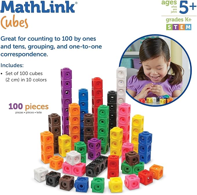 Learning Resources MathLink Cubes - Set of 100 Cubes, Ages 5+ Kindergarten, STEM Activities, Math Manipulatives, Homeschool Supplies, Teacher Supplies