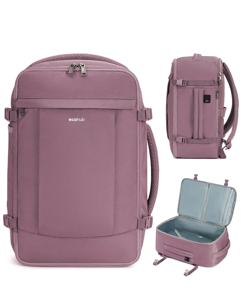 ECOHUB Travel Backpack for Women, Carry on Backpack with USB Charging Hole, Spirit Airlines Personal Item Bag Flight Approved, 15.6 Inch Laptop Backpack with Anti Theft Pockets, 30L, Pink