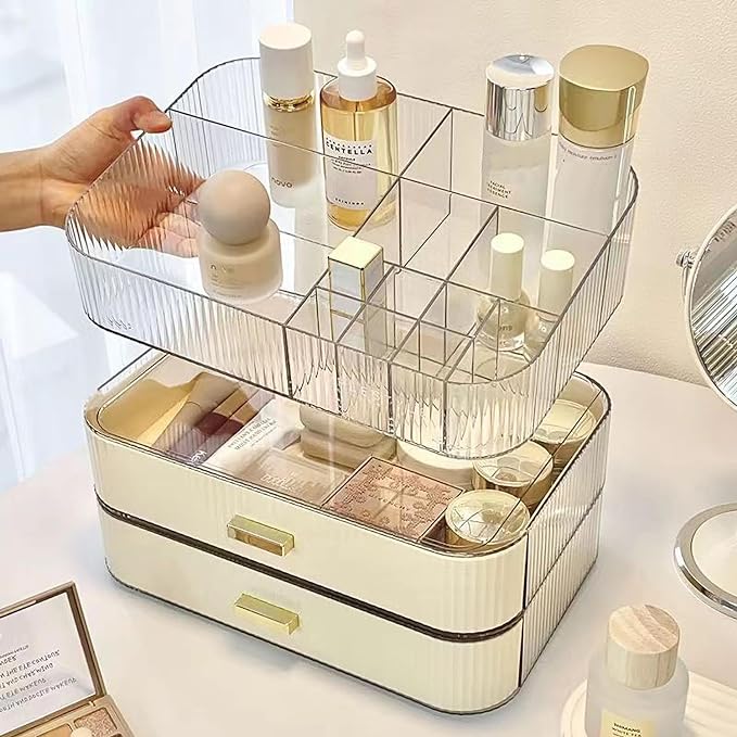 MIUOPUR Makeup Organizer with Stackable Drawers, Bathroom Vanity Organizers and Storage, Ideal for Desk and Dresser Countertops, Great for Cosmetics, skincare, Lipsticks, Nail Care -Cream