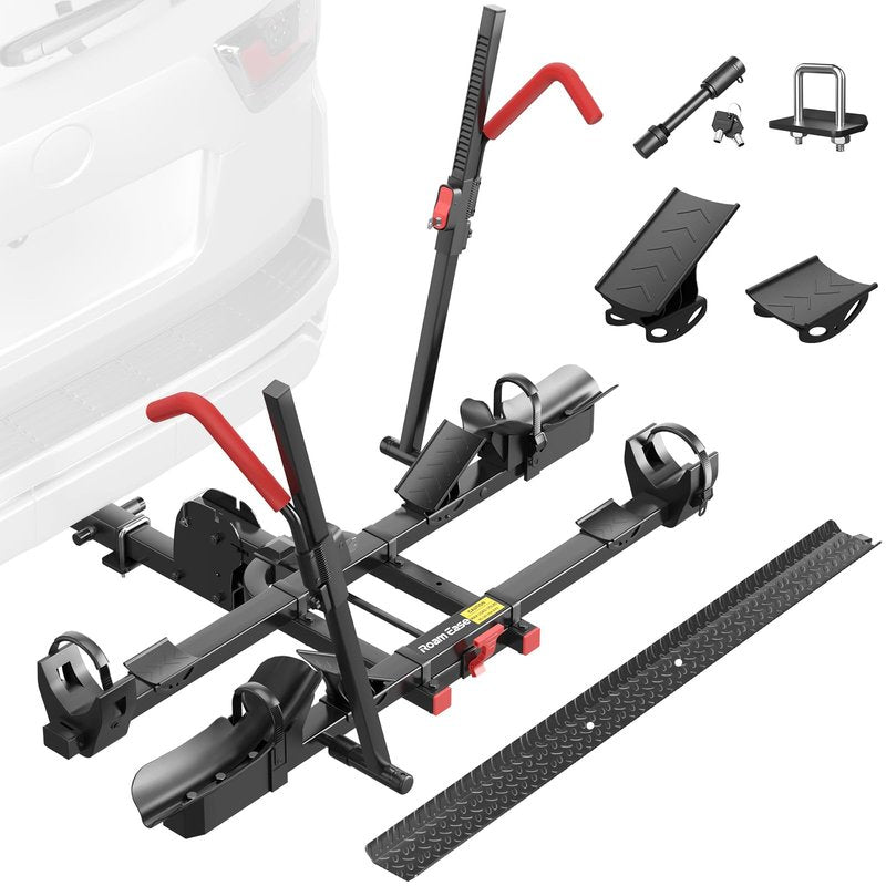 Hitch Mount Bike Rack with Ramp, 170lbs Capacity Foldable Electric Bike Carrier for 2 Heavy Ebike, Up to 5" Fat Tire fits Cars, SUVs, RVs, Trailers with 2 Inch Receiver