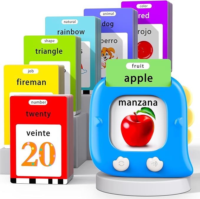 Kidzdo 520 Bilingual Spanish English Talking Flash Cards, Birthday Gifts Easter Present for 2 3 4 5 6 Year Old Boys and Girls, Pocket Speech Therapy Toys, Portable Toddlers Toys, Blue