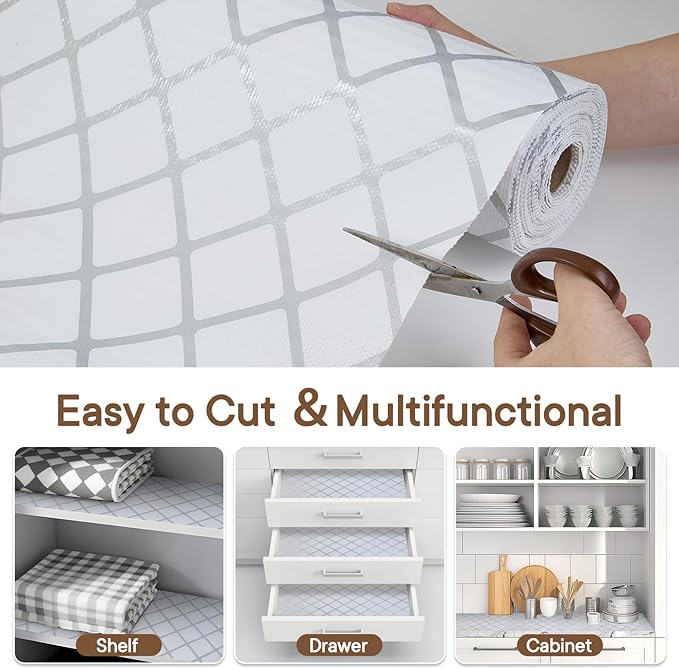 Shelf and Drawer Liner for Kitchen Cabinets Non-Adhesive, Strong Grip Non-Slip Thickened Cabinet Liners for Shelves, Waterproof Mats for Dresser Cupboard, Silver Stripe, 24 in x 10 Feet