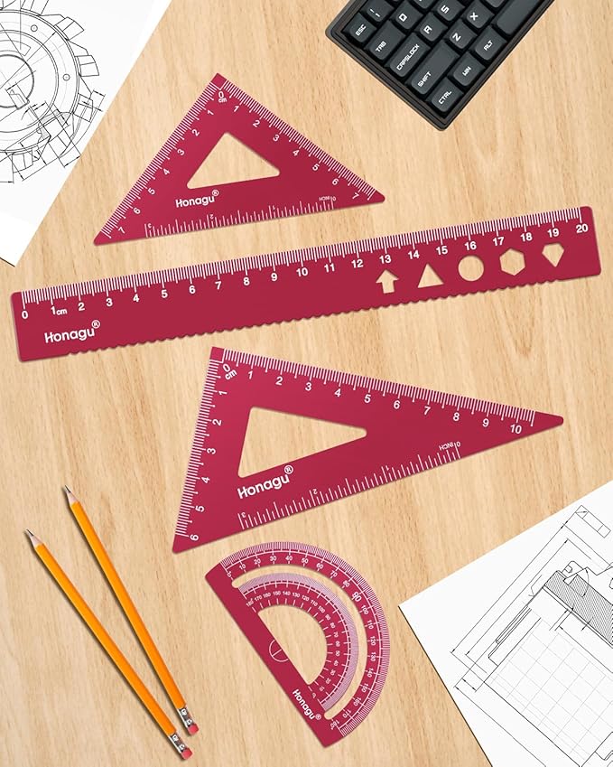 Honagu Triangular Ruler Set, 4 Pieces Aluminum Alloy Ruler, Metal Drafting Ruler, Geometric Protractor for Students,Teacher, Draftsmen, Engineers,Gift Stocking Stuffers for Kids (20cm/7.87inches, Red)