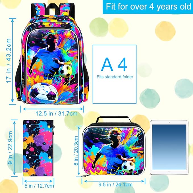 KLFVB 3PCS Backpack for Boys, 17" Kids Football Bookbag and Lunch Box, Water Resistant Teenagers School Backpacks for Middle Elementary - Spray-Paint Soccer