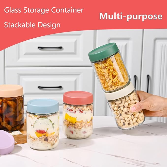 Overnight Oats Containers with Lids 16 oz Glass Jars 6 Pack Glass Mason Jars with Airtight Lids, Perfect for Oats, Yogurt, Chia Pudding