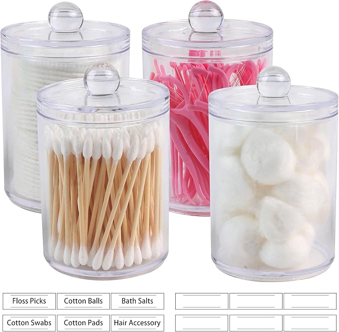 2 Pack Acrylic Qtip Holder Dispenser,Canisters Apothecary Jar Set, Vanity Makeup Bathroom Organizers and Storage Set, 10oz