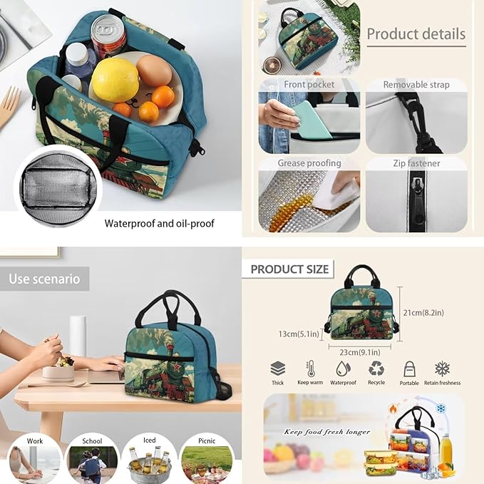 Vintage Train Backpack for Boys, Lightweight Kids Backpack with Lunch Box Cute Kawaii Pencil Case, Large Comfortable Boys Bookbag School Backpack for Elementary Middle School, Green