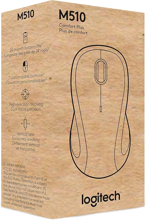 Logitech M510 Wireless Mouse, 2.4 GHz with USB Unifying Receiver, 1000 DPI Laser-Grade Tracking, 7-Buttons, 24-Months Battery Life, PC/Mac/Laptop - Graphite